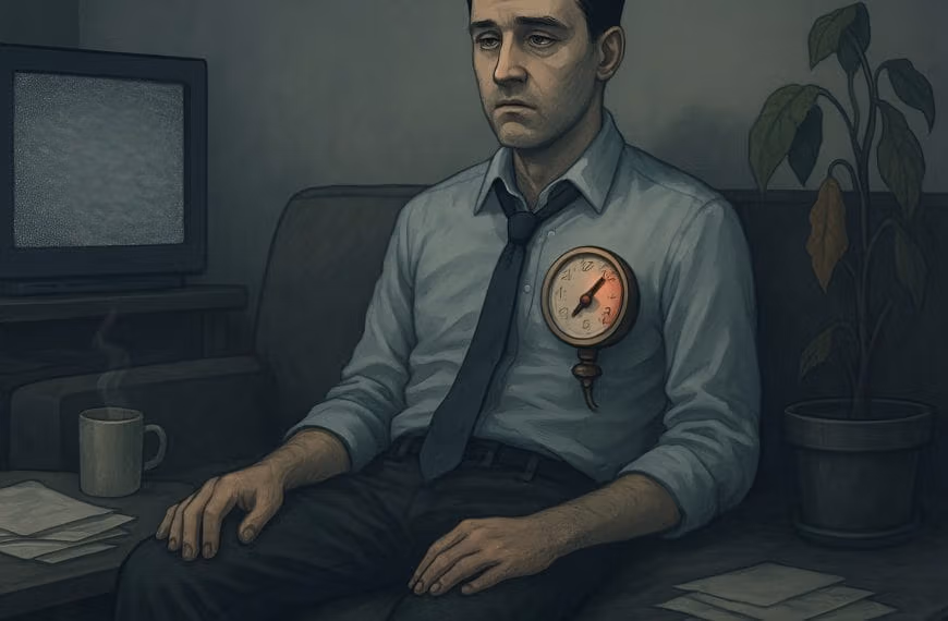 Illustration of a man with a pressure gauge on his chest, sitting blankly in a dark room—symbolizing emotional shutdown and burnout in men.