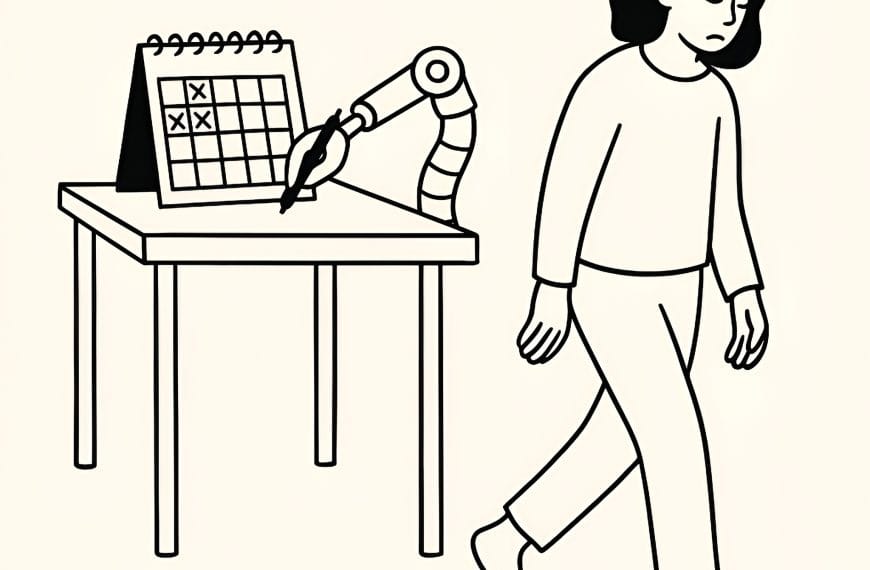 Minimalist black-and-white drawing of a woman walking away from a desk while a robotic hand continues filling out a calendar — symbolizing internalized pressure.