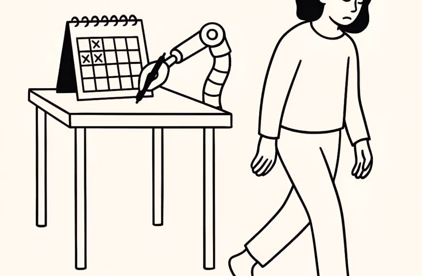 Minimalist black-and-white drawing of a woman walking away from a desk while a robotic hand continues filling out a calendar — symbolizing internalized pressure.