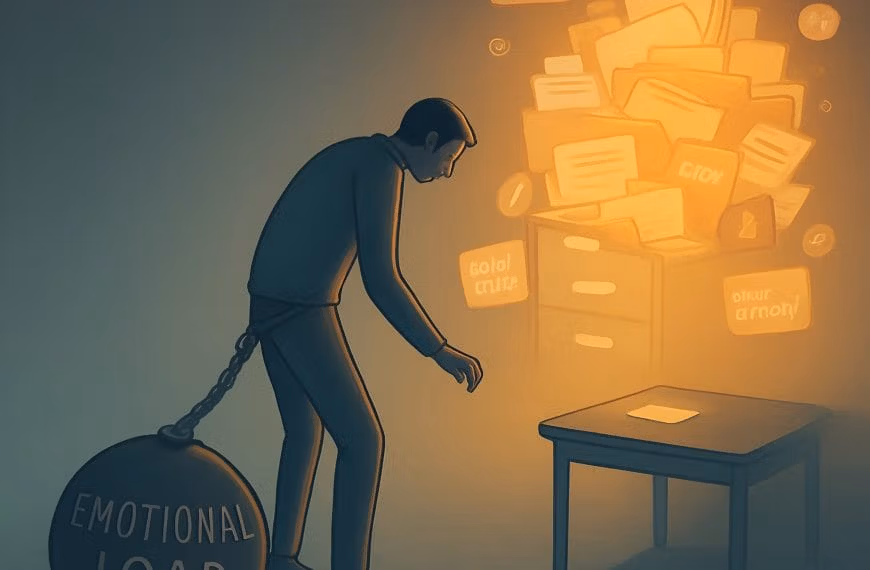 A person shackled to a heavy weight labeled “EMOTIONAL LOAD” reaches toward a small task on a desk, while a glowing, overflowing cabinet behind them symbolizes cognitive overload and burnout.