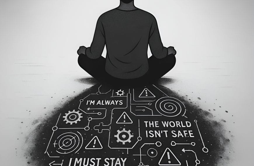 Black and white illustration of a person sitting in stillness while their shadow reveals a detailed internal blueprint of anxious beliefs, symbolizing identity-level anxiety therapy.
