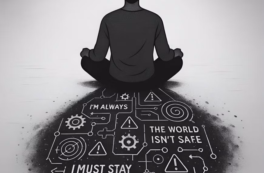Black and white illustration of a person sitting in stillness while their shadow reveals a detailed internal blueprint of anxious beliefs, symbolizing identity-level anxiety therapy.