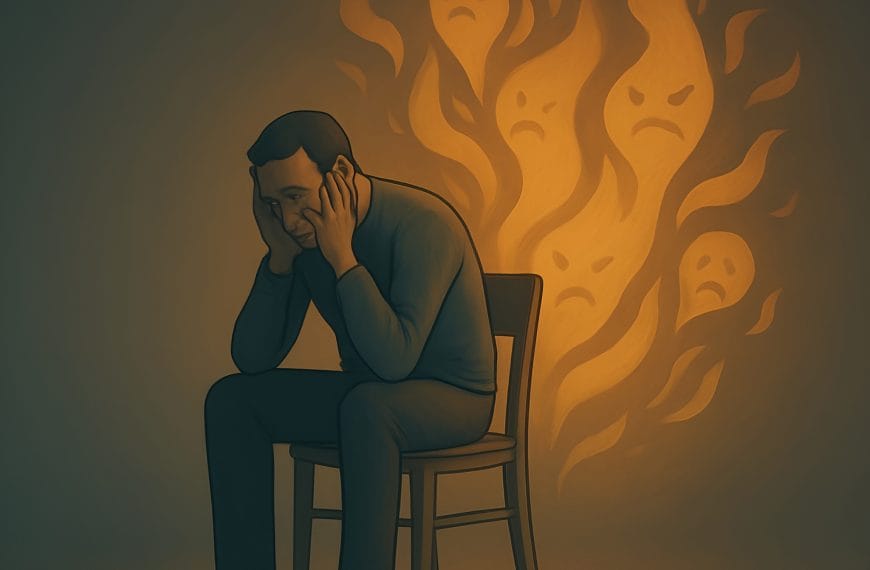 Illustration of a man visibly overwhelmed by a swirl of abstract shapes representing emotional reactivity and inner chaos.