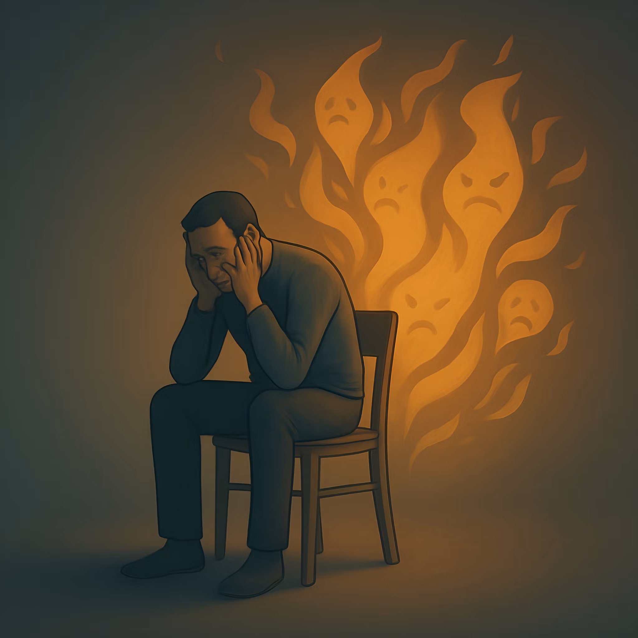 Illustration of a man visibly overwhelmed by a swirl of abstract shapes representing emotional reactivity and inner chaos.