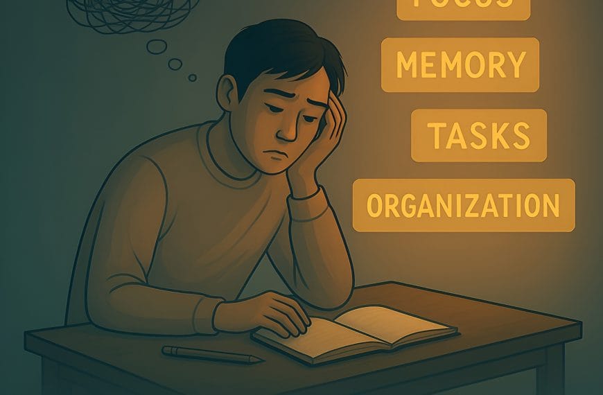 Digital illustration of an overwhelmed Asian adult surrounded by disorganised tasks and glowing distractions, symbolising executive dysfunction and cognitive overload.