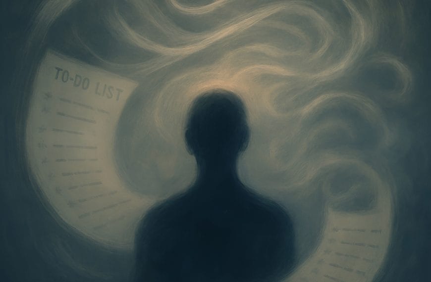 A semi-abstract digital painting showing a blurred silhouette dissolving into loops of light and fog, symbolising executive function shutdown and mental overload.