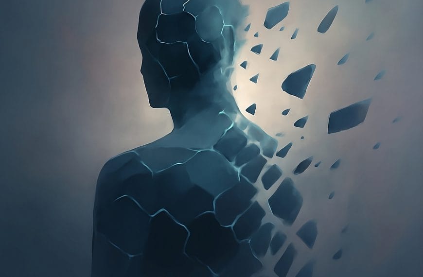 An abstract representation of imposter syndrome, featuring fragmented pieces of a figure in mid-air, symbolizing emotional dysregulation and internal conflict caused by perfectionism.