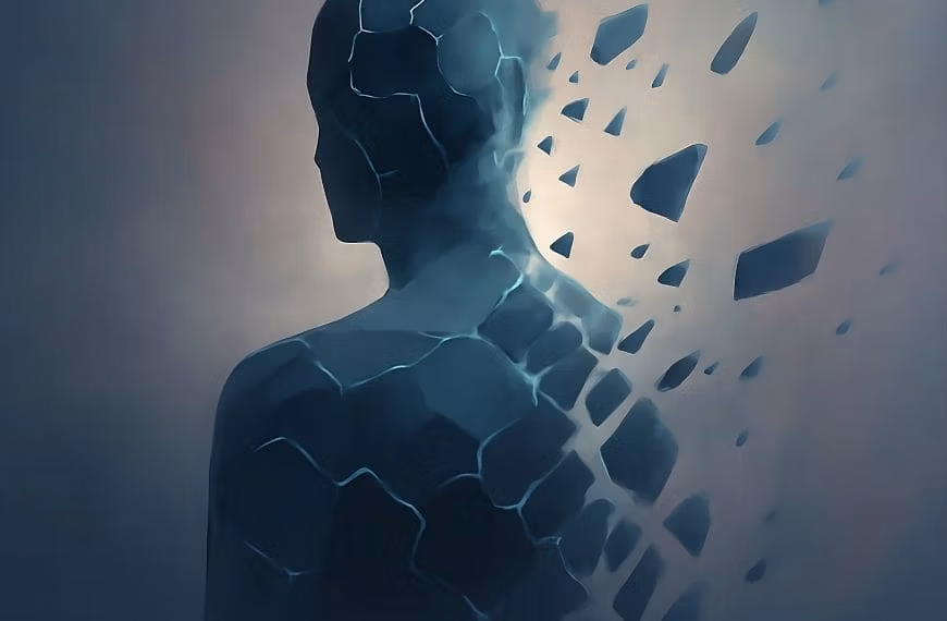 An abstract representation of imposter syndrome, featuring fragmented pieces of a figure in mid-air, symbolizing emotional dysregulation and internal conflict caused by perfectionism.
