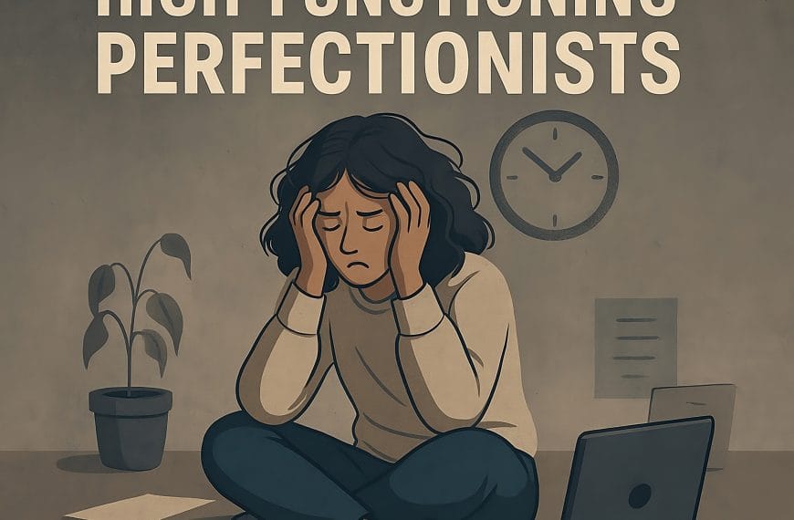 A woman sits frozen in distress on the floor with scattered papers and a laptop, symbolizing the freeze response in high-functioning perfectionists