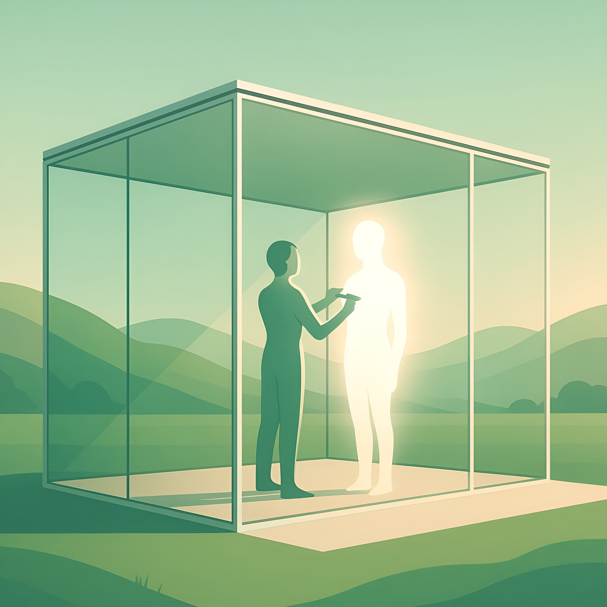 A person stands in a bright, minimalist therapy studio facing a glowing circular mirror, which reflects their confident future self.