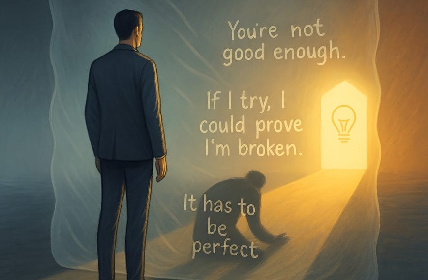 Conceptual illustration of a person halted by a translucent wall filled with limiting beliefs, symbolizing identity-level procrastination and avoidance.