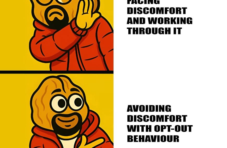 Cartoon meme of Walnut Brain parodying Drake format, rejecting “facing discomfort” and approving “avoiding discomfort with Opt-Out Behaviour.”