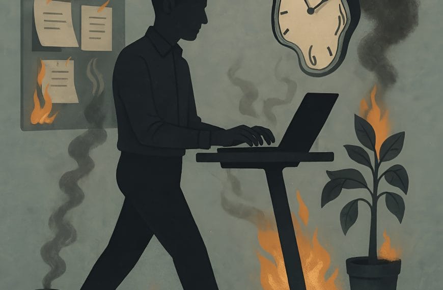 Surreal digital illustration of a person working at a treadmill desk in a burning office, symbolizing overfunctioning burnout and hidden emotional overload.