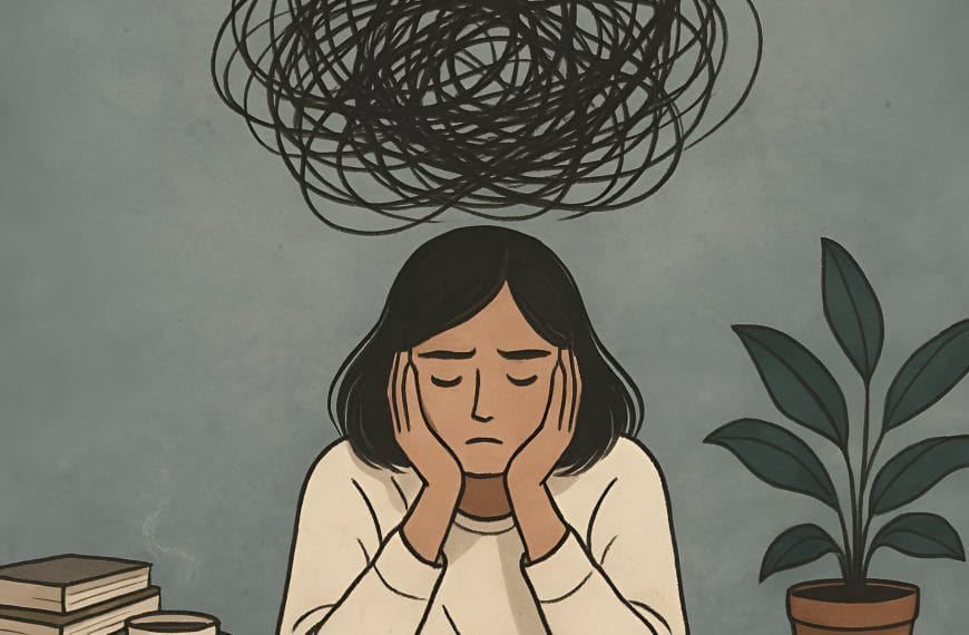 A young woman stands in emotional distress as her thoughts loop endlessly—symbolizing overthinking and identity-based burnout.