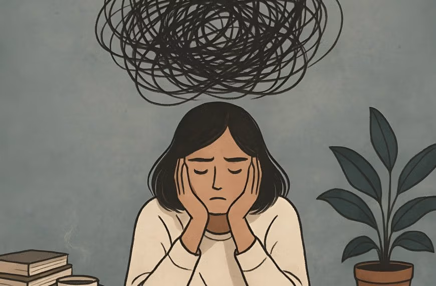 A young woman stands in emotional distress as her thoughts loop endlessly—symbolizing overthinking and identity-based burnout.
