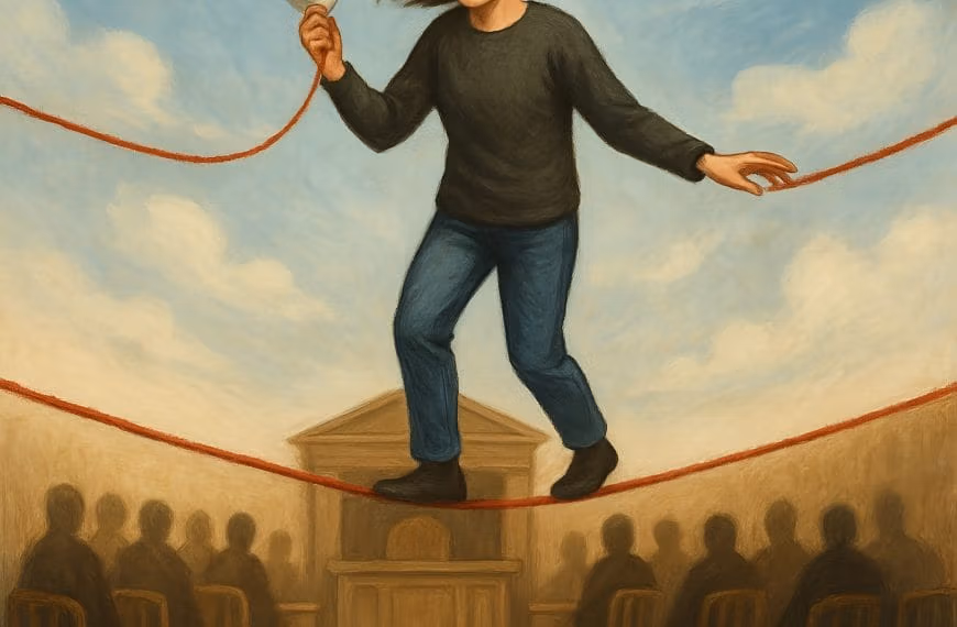A young adult walks a red string tightrope above a shadowy courtroom, holding a smiling mask while showing fear—visualizing the perfectionism and fear of mistakes.