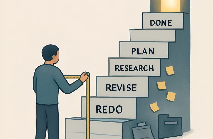 Illustration of a person measuring the first step of a staircase made of task labels like “Plan,” “Research,” and “Revise,” symbolizing the perfectionism–procrastination loop.