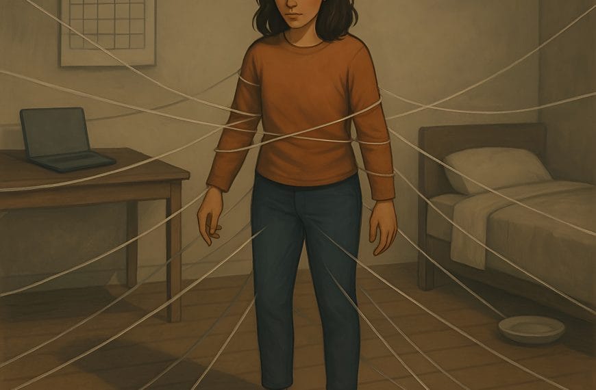 A surreal digital painting shows a calm person in a peaceful room being subtly restrained by vines labeled with words like “should” and “must,” symbolizing the internal pressure to stay productive even during rest.
