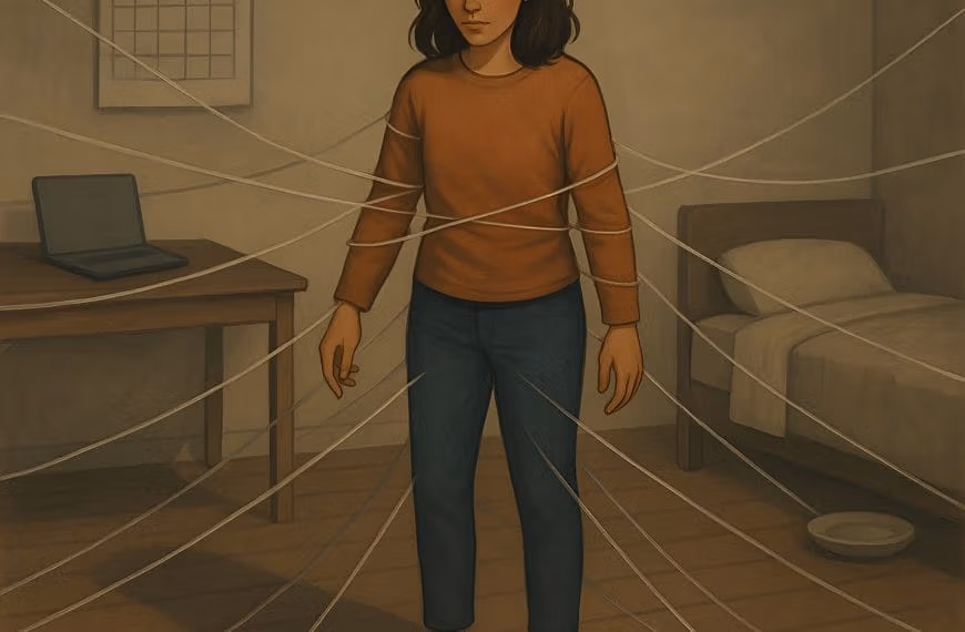 A surreal digital painting shows a calm person in a peaceful room being subtly restrained by vines labeled with words like “should” and “must,” symbolizing the internal pressure to stay productive even during rest.