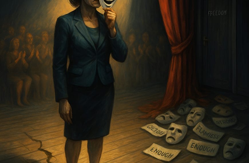 Female professional on stage wearing a smiling mask, hiding anxiety; perfectionism metaphor showing emotional pressure and identity conflict