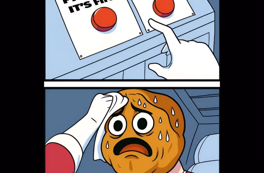Cartoon walnut brain character sweating while trying to choose between two red buttons labeled “Pretend It’s Fine” and “Lose Control.”