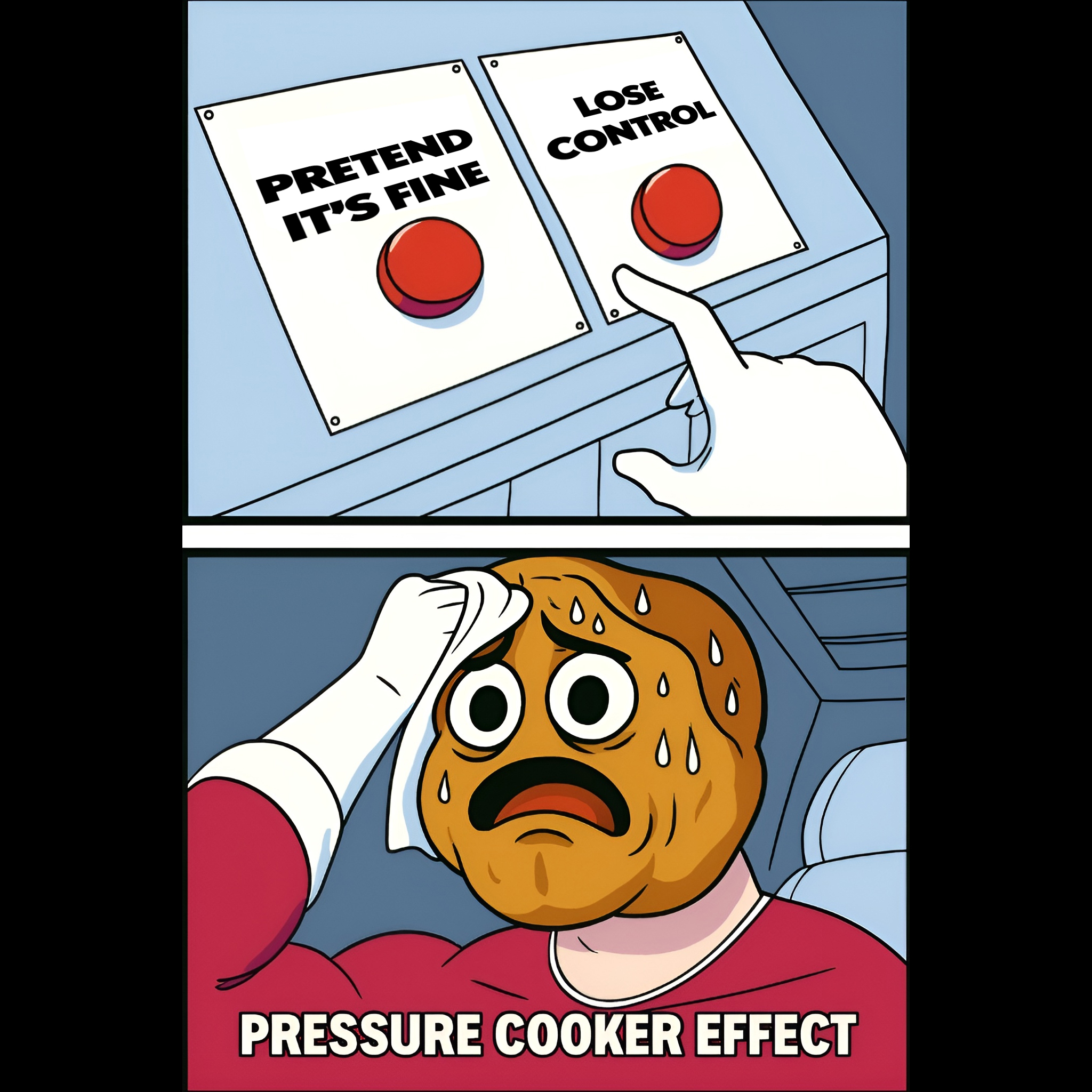 Cartoon walnut brain character sweating while trying to choose between two red buttons labeled “Pretend It’s Fine” and “Lose Control.”
