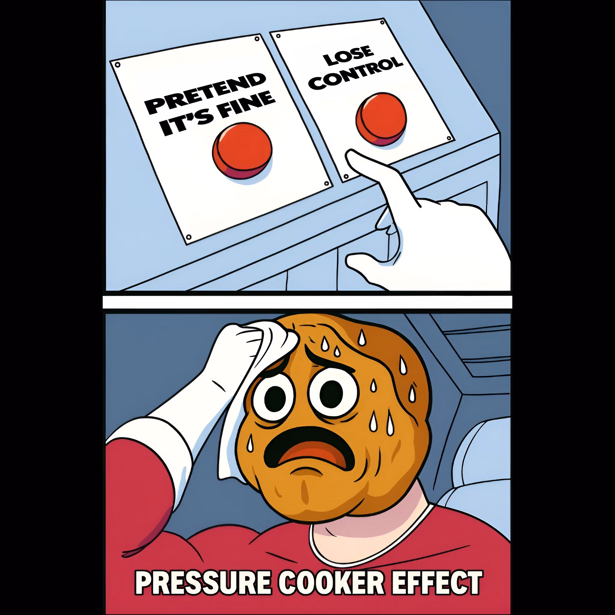 Cartoon walnut brain character sweating while trying to choose between two red buttons labeled “Pretend It’s Fine” and “Lose Control.”