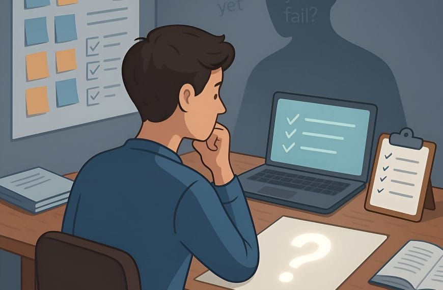 Illustration of a person surrounded by completed tasks while hesitating over a blank page, symbolizing productive procrastination and internalized fear of failure.