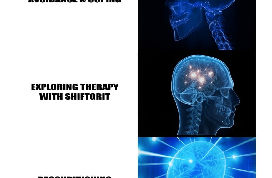 A three-panel “Galaxy Brain” style meme used in the ShiftGrit Glossary. It illustrates the progression from avoidance and coping → exploring therapy with ShiftGrit → the Reconditioning Protocol. The glowing brain stages represent increasing awareness and transformation.