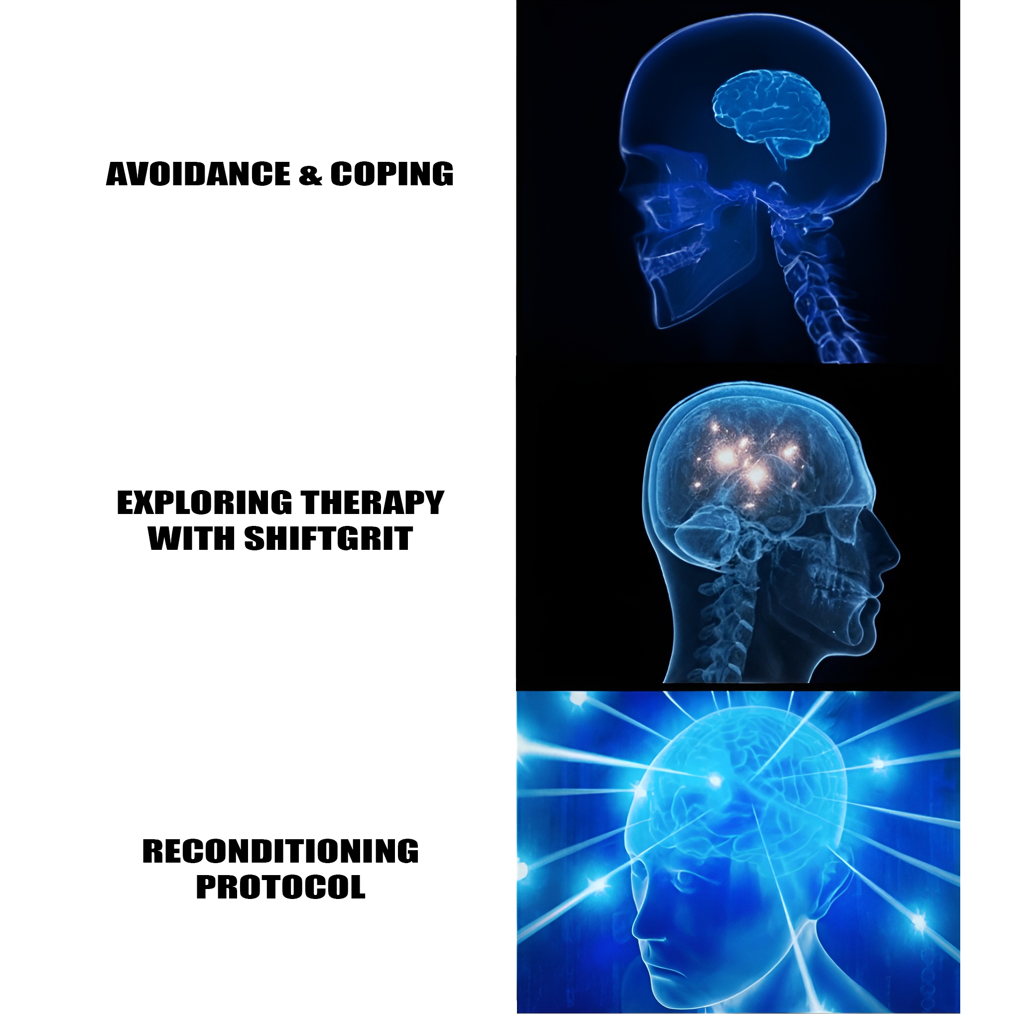A three-panel “Galaxy Brain” style meme used in the ShiftGrit Glossary. It illustrates the progression from avoidance and coping → exploring therapy with ShiftGrit → the Reconditioning Protocol. The glowing brain stages represent increasing awareness and transformation.