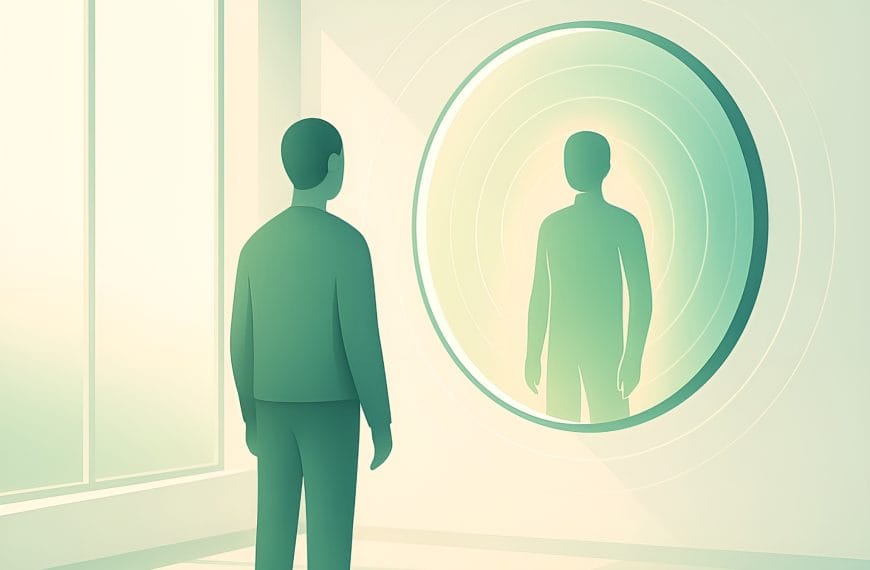 A stylized person faces their future self in a glowing circular mirror inside a minimalist therapy studio, surrounded by soft light.