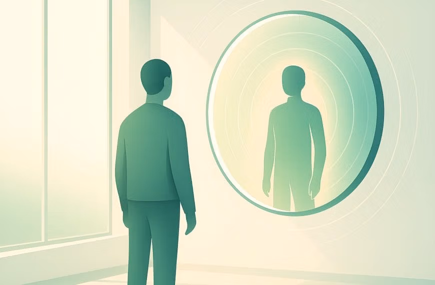 A stylized person faces their future self in a glowing circular mirror inside a minimalist therapy studio, surrounded by soft light.
