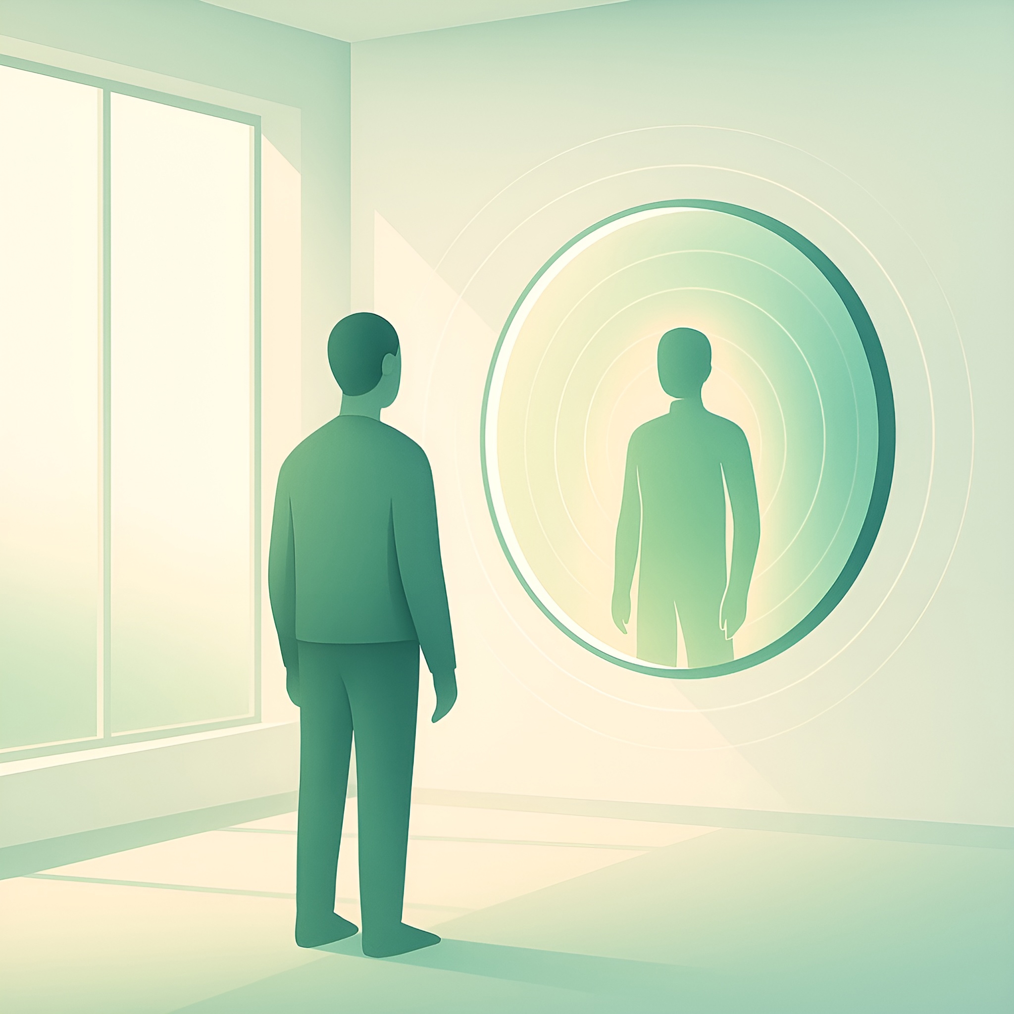 A stylized person faces their future self in a glowing circular mirror inside a minimalist therapy studio, surrounded by soft light.