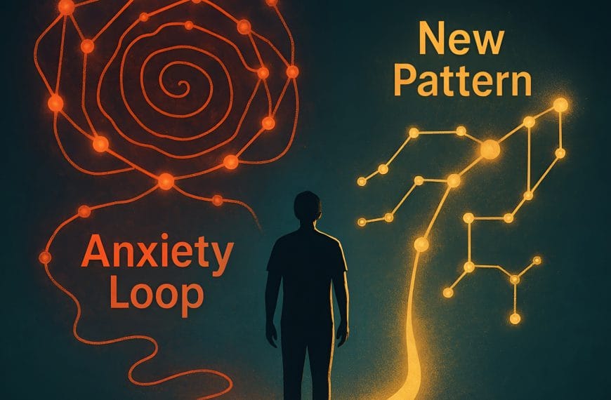 Illustration of a person standing in a neural loop — one path chaotic and red labelled “Anxiety Loop,” another golden and calm labelled “New Pattern”