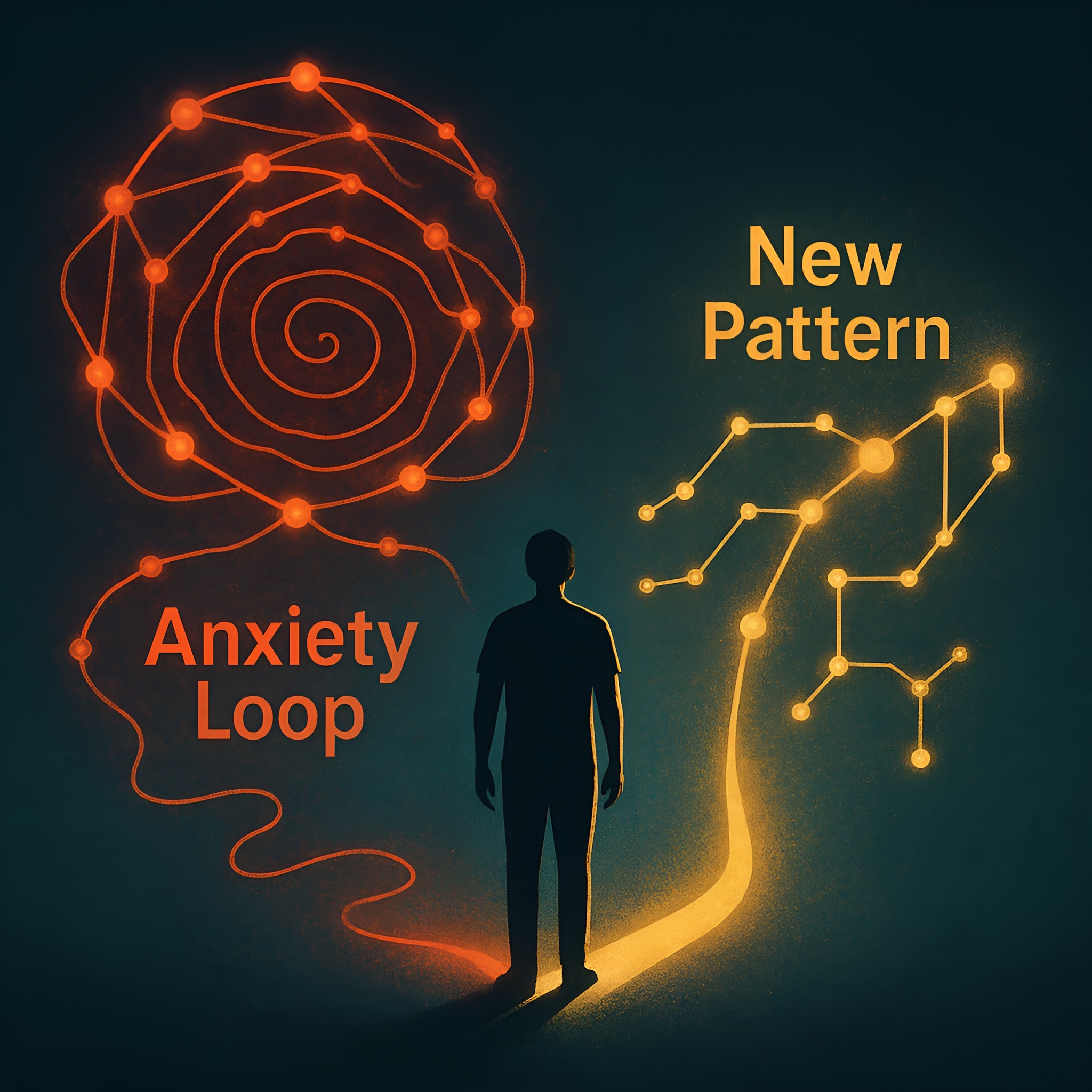 Illustration of a person standing in a neural loop — one path chaotic and red labelled “Anxiety Loop,” another golden and calm labelled “New Pattern”