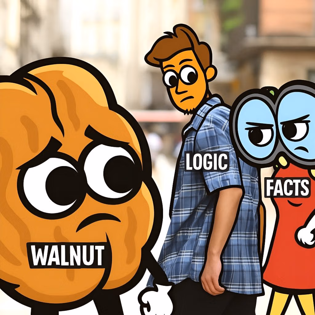 Cartoon parody of the “Distracted Boyfriend” meme featuring Logic distracted by Walnut Brain while Facts looks on angrily — illustrating how automatic threat responses can hijack rational thinking.