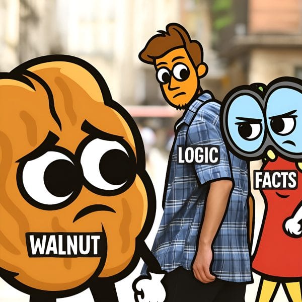 Cartoon parody of the “Distracted Boyfriend” meme featuring Logic distracted by Walnut Brain while Facts looks on angrily — illustrating how automatic threat responses can hijack rational thinking.