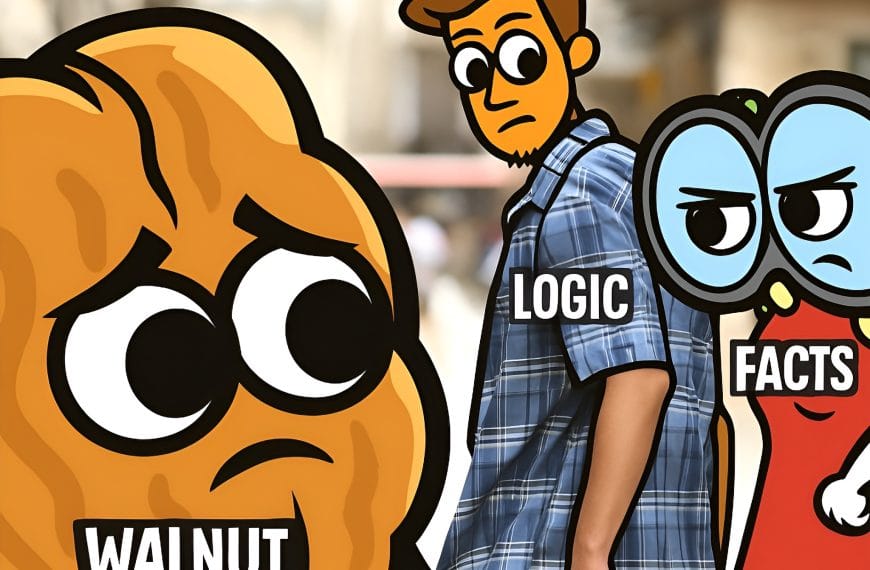 Cartoon parody of the “Distracted Boyfriend” meme featuring Logic distracted by Walnut Brain while Facts looks on angrily — illustrating how automatic threat responses can hijack rational thinking.