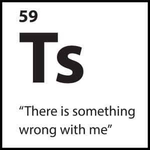 Belief tile reading “There Is Something Wrong With Me” with “Ts” symbol in black on white
