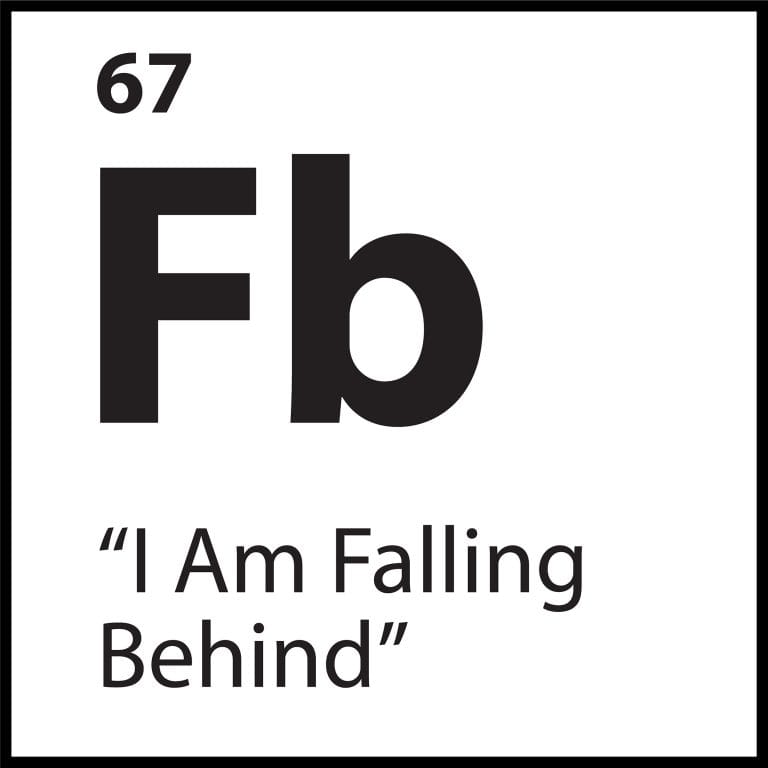 Black and white tile reading “67 Fb – I Am Falling Behind,” representing the core belief of falling behind in life, progress, or success.