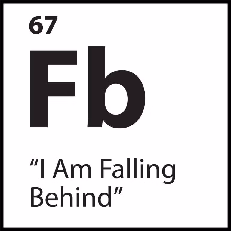 Black and white tile reading “67 Fb – I Am Falling Behind,” representing the core belief of falling behind in life, progress, or success.