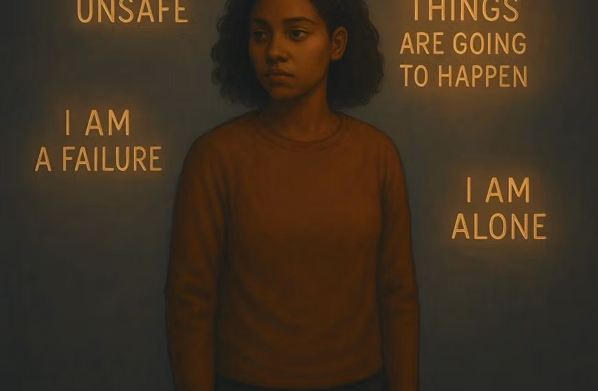 Abstract illustration of a woman surrounded by glowing limiting beliefs, symbolizing Calgary anxiety therapy.