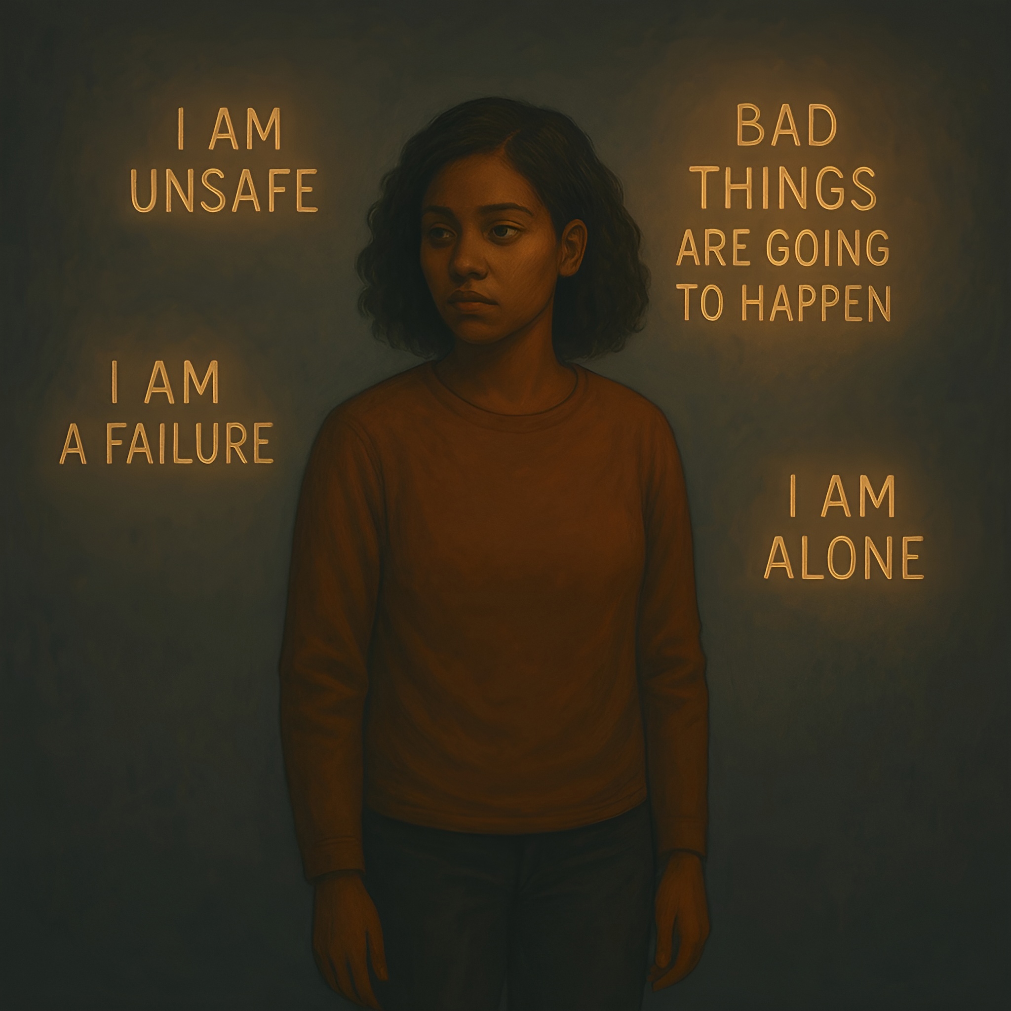 Abstract illustration of a woman surrounded by glowing limiting beliefs, symbolizing Calgary anxiety therapy.