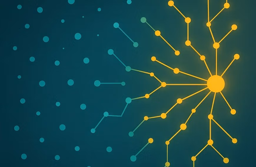 Abstract teal and yellow dot-and-line network representing ADHD patterns of scattered focus forming clarity.