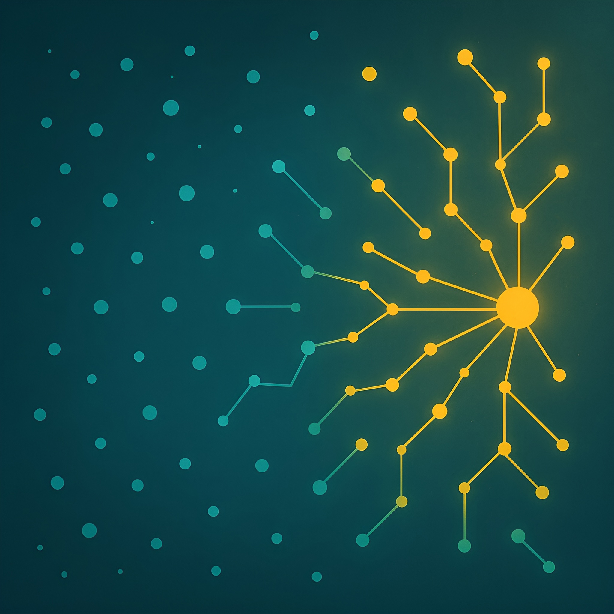 Abstract teal and yellow dot-and-line network representing ADHD patterns of scattered focus forming clarity.