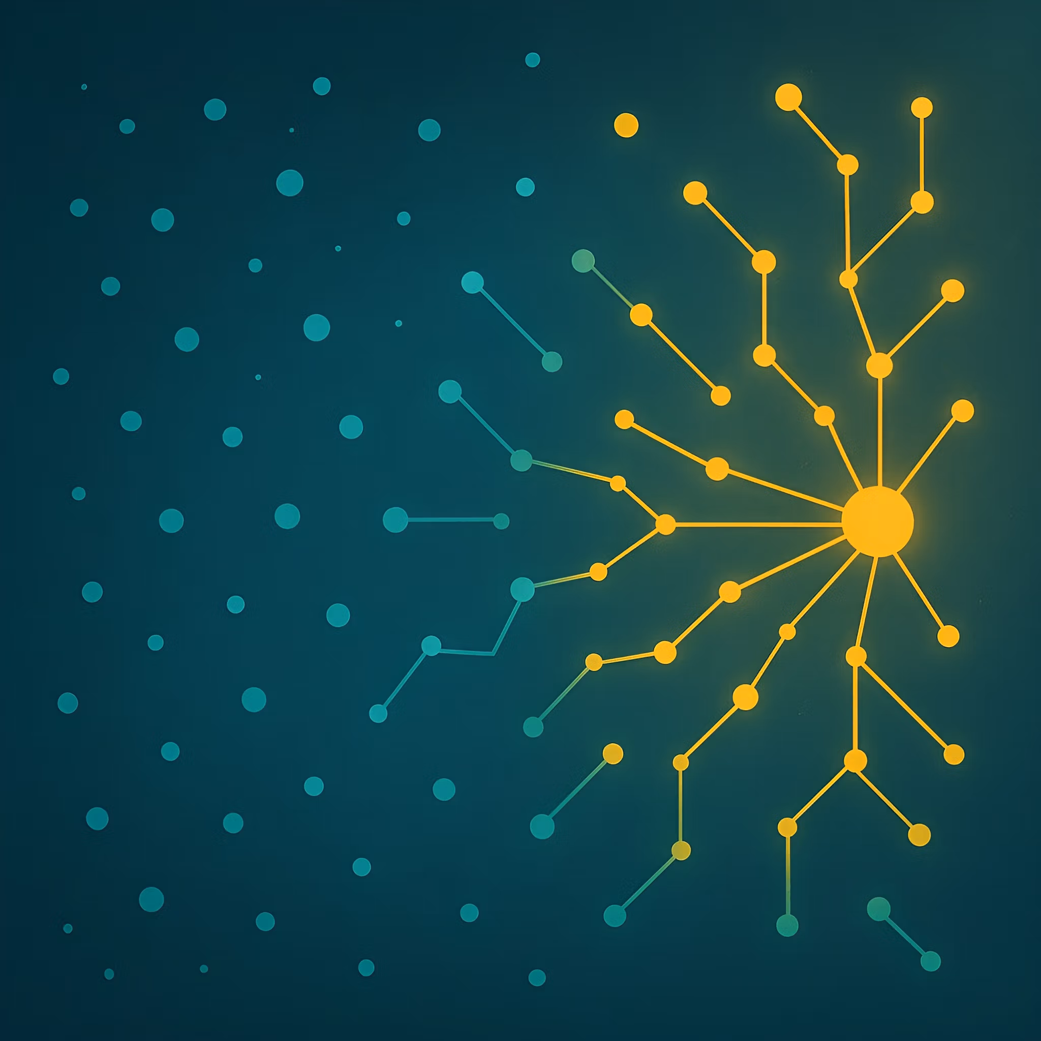 Abstract teal and yellow dot-and-line network representing ADHD patterns of scattered focus forming clarity.