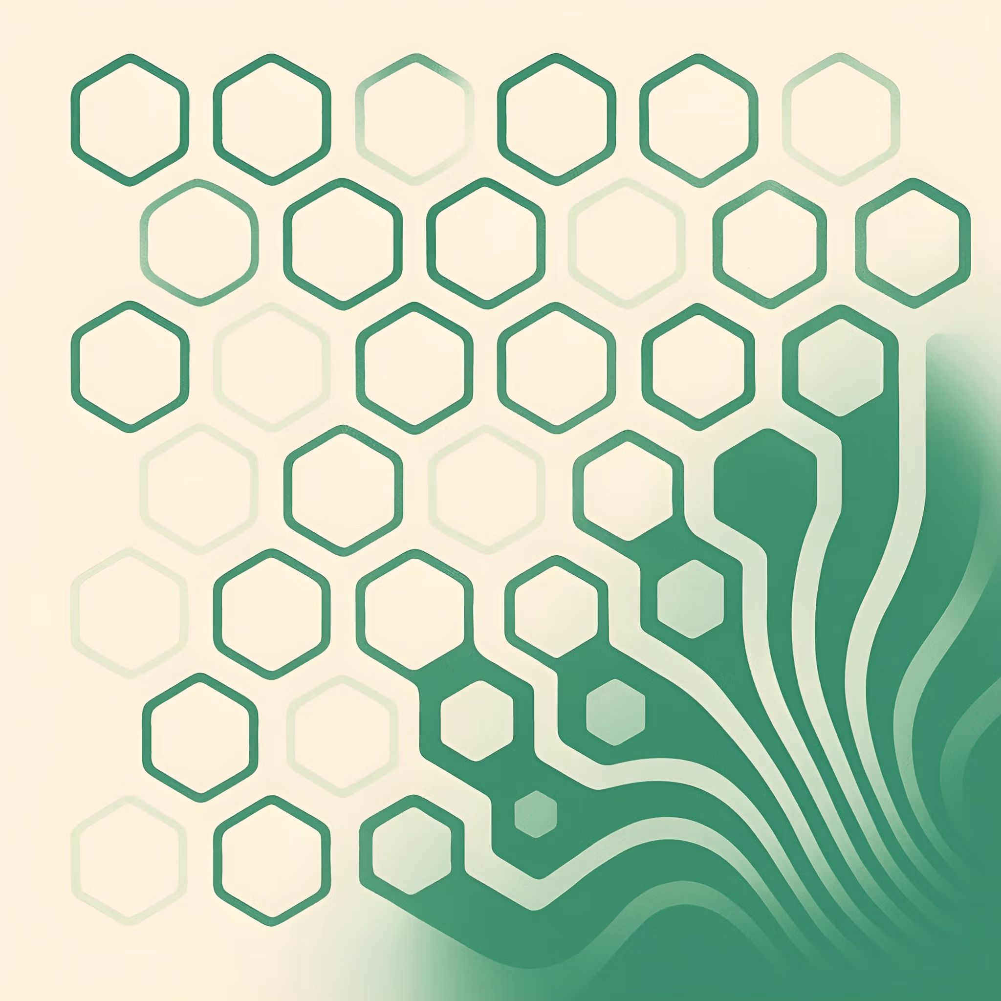 Abstract green hexagonal grid transforming into flowing organic lines symbolizing OCD patterns shifting into balance.