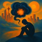 Abstract Calgary skyline with a seated silhouette and a swirling “anxiety cloud,” representing pattern mapping in ShiftGrit’s anxiety services.