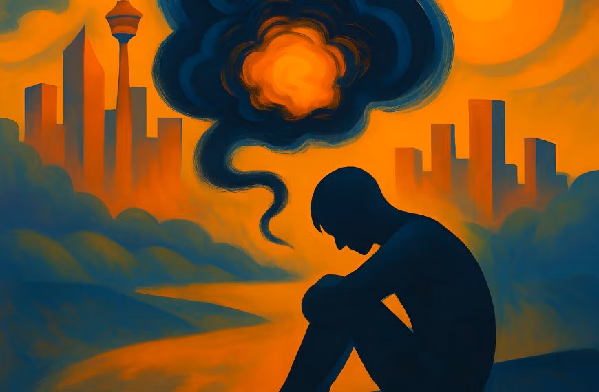 Abstract Calgary skyline with a seated silhouette and a swirling “anxiety cloud,” representing pattern mapping in ShiftGrit’s anxiety services.