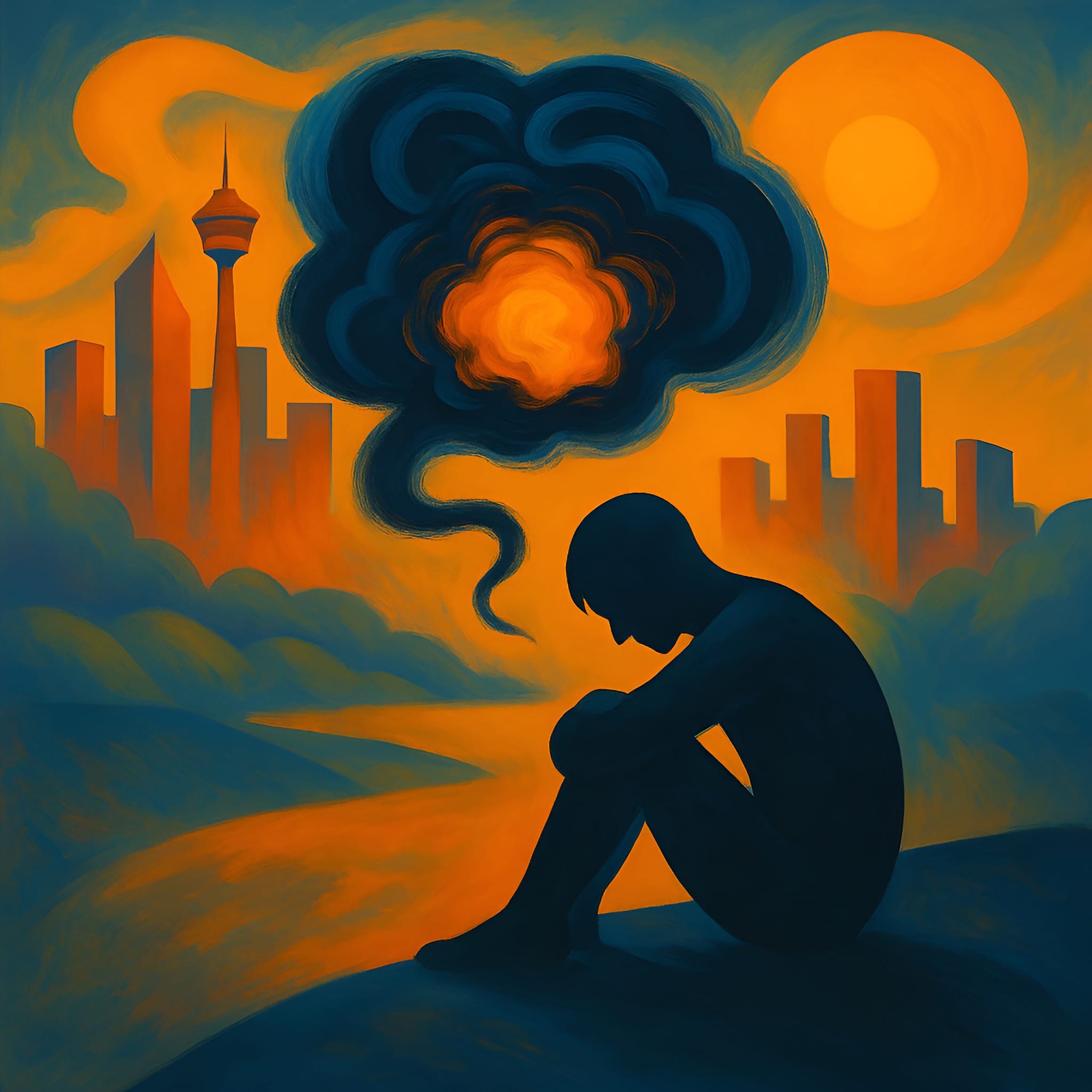 Abstract Calgary skyline with a seated silhouette and a swirling “anxiety cloud,” representing pattern mapping in ShiftGrit’s anxiety services.